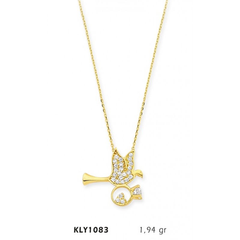 14 Ayar Altın Tektaş Taşıyan Kuş Kolye KLY1083