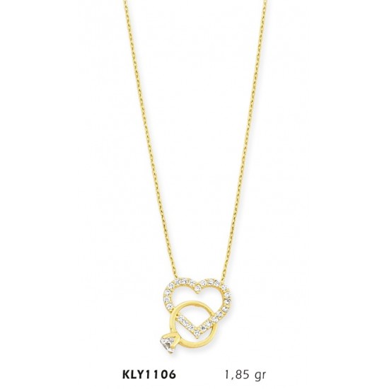 14 Ayar Altın Tektaş Yüzük Kalp Kolye KLY1106