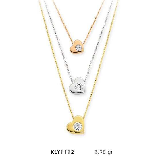 14 Ayar Altın Üçlü Tektaş Kalp Kolye KLY1112 14 Ayar Altın Üçlü Tektaş Kalp Kolye KLY1112