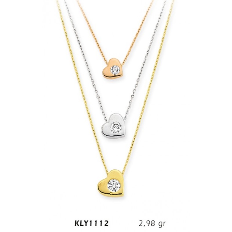 14 Ayar Altın Üçlü Tektaş Kalp Kolye KLY1112 14 Ayar Altın Üçlü Tektaş Kalp Kolye KLY1112