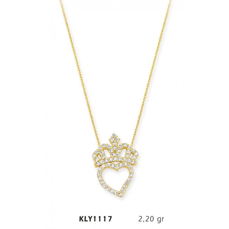 14 Ayar Altın Kral Tacı Kalp Kolye KLY1117