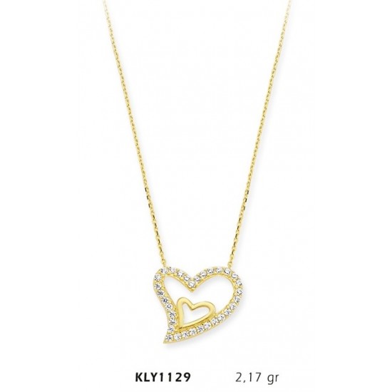 14 Ayar Altın İç İçe Kalp Kolye KLY1129