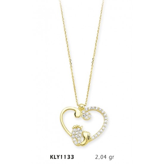 14 Ayar Altın Anne Bebek Ayağı Kalp Kolye KLY1133