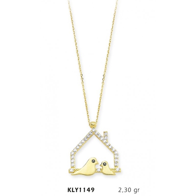 14 Ayar Altın Çift Kuş Ev Kolye KLY1149
