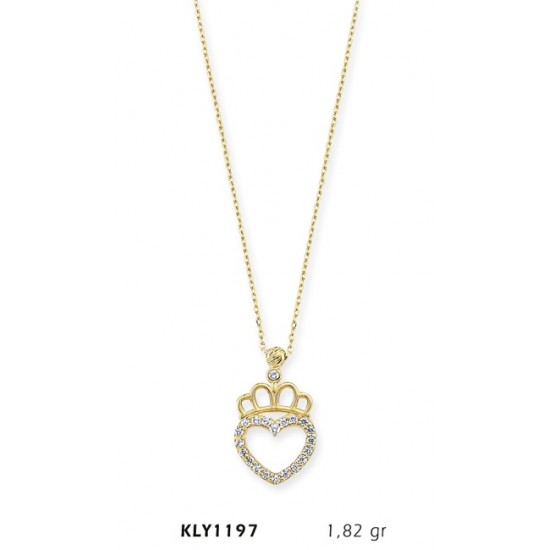 14 Ayar Altın Kral Tacı Kalp Kolye KLY1197