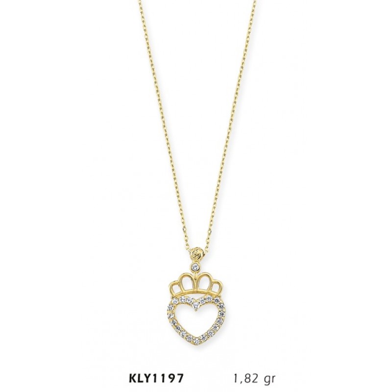 14 Ayar Altın Kral Tacı Kalp Kolye KLY1197