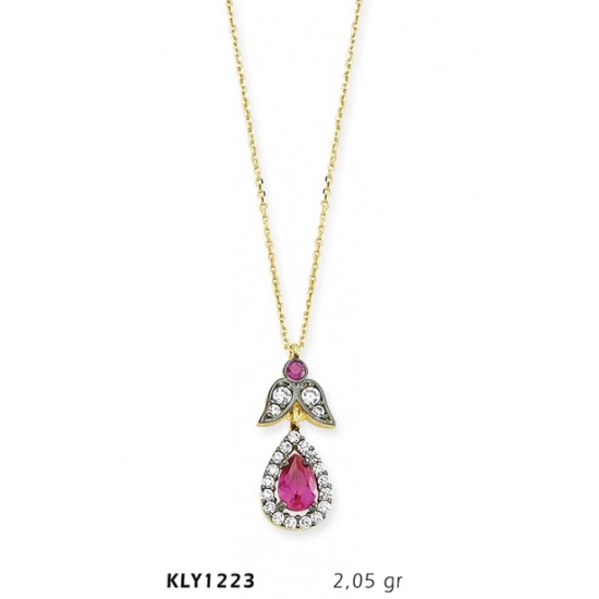 14 Ayar Altın Pembe Tektaş Damla Kolye KLY1223