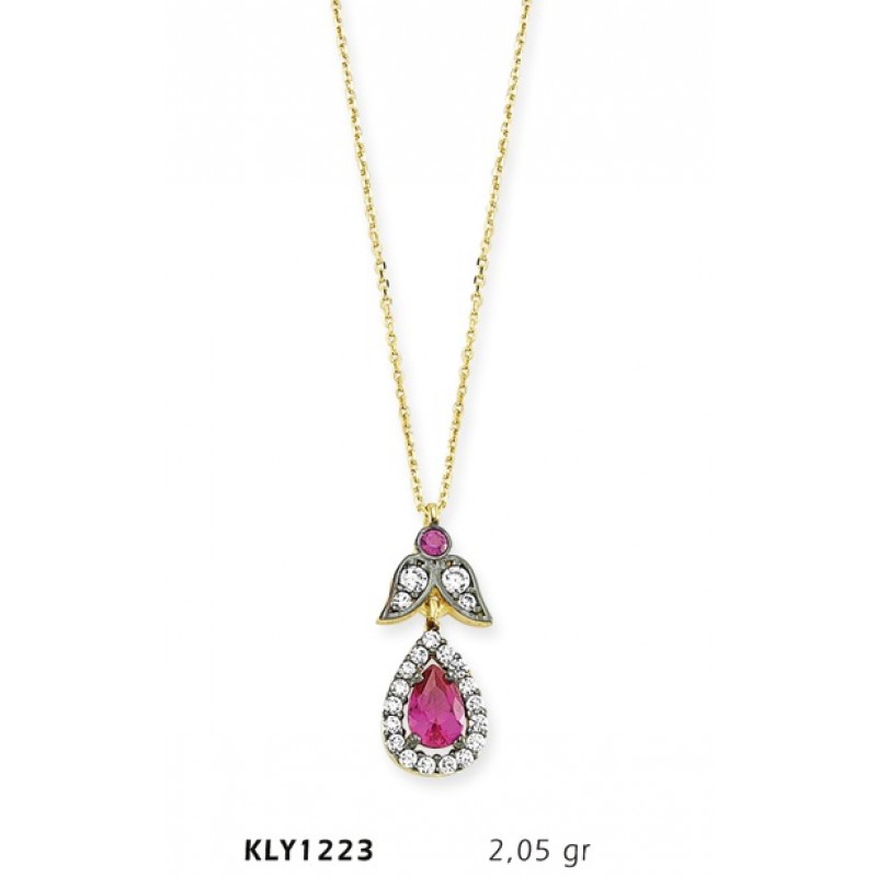14 Ayar Altın Pembe Tektaş Damla Kolye KLY1223
