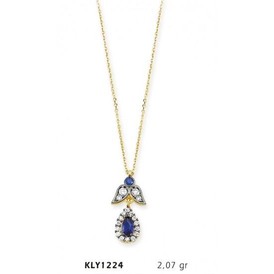 14 Ayar Altın Mavi Tektaş Damla Kolye KLY1224