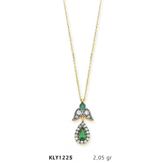 14 Ayar Altın Yeşil Tektaş Damla Kolye KLY1225