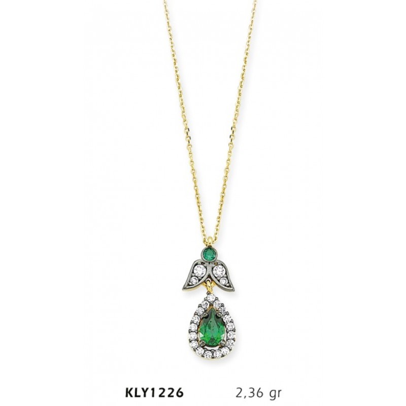 14 Ayar Altın Yeşil Tektaş Damla Kolye KLY1226