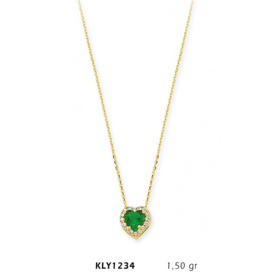 14 Ayar Altın Yeşil Taşlı Kalp Kolye KLY1234