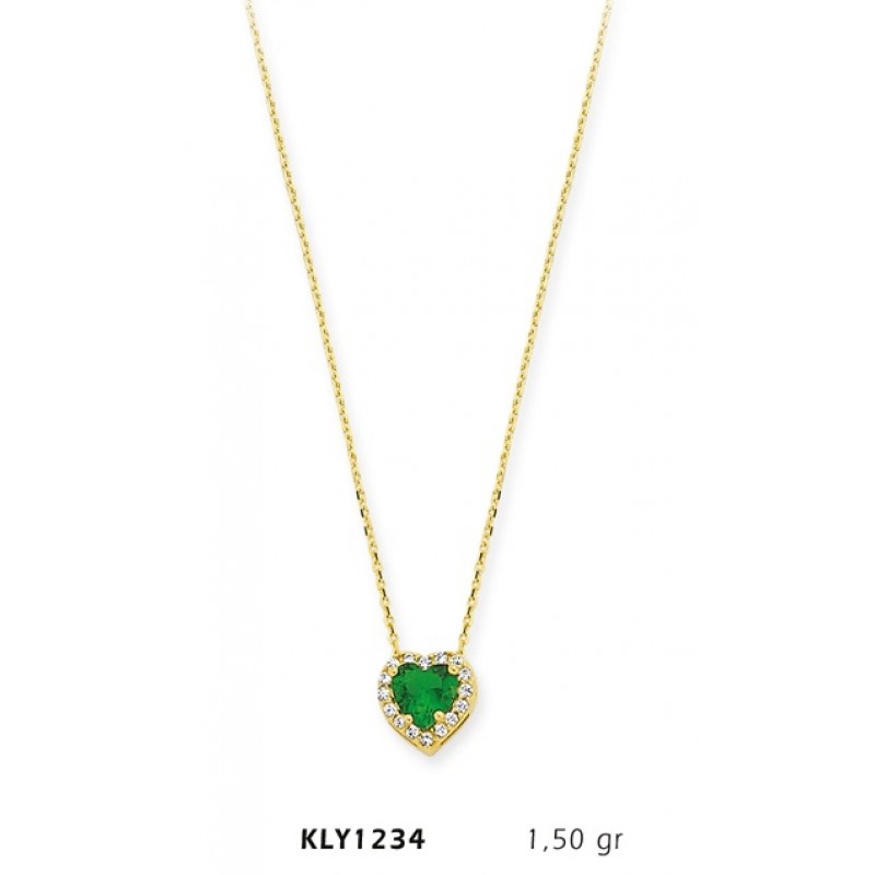 14 Ayar Altın Yeşil Taşlı Kalp Kolye KLY1234