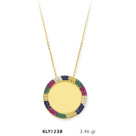 14 Ayar Altın Rengarenk Çerçeveli Daire Kolye KLY1238