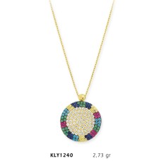 14 Ayar Altın Rengarenk Çerçeveli Daire Kolye KLY1240