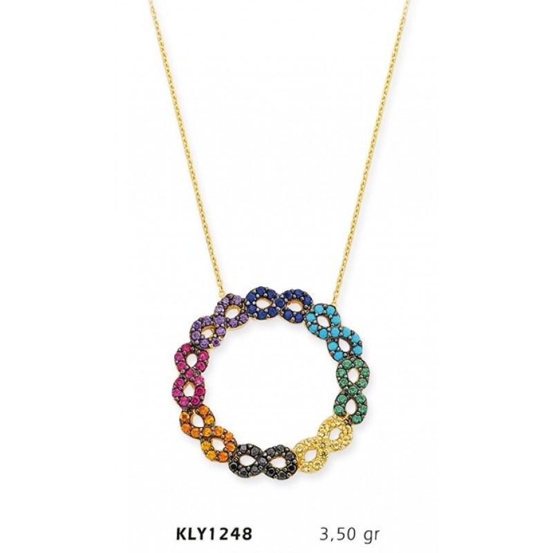 14 Ayar Altın Rengarenk Zincirli Halka Kolye KLY1248