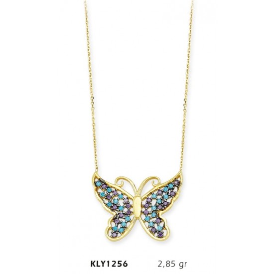 14 Ayar Altın Mavi Kelebek Kolye KLY1256