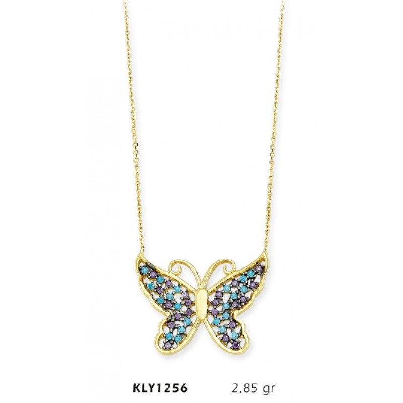 14 Ayar Altın Mavi Kelebek Kolye KLY1256