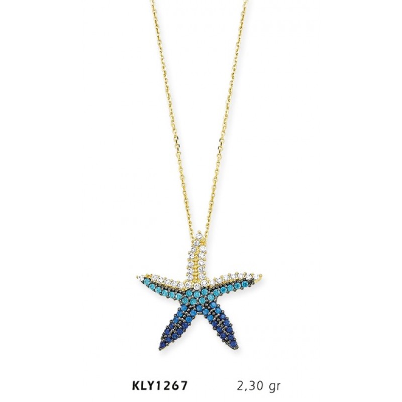 14 Ayar Altın Mavi Deniz Yıldızı Kolye KLY1267