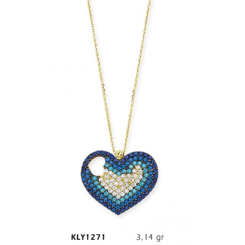 14 Ayar Altın Mavi Kalp Kolye KLY1271