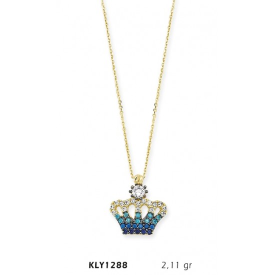 14 Ayar Altın Mavi Kral Tacı Kolye KLY1288