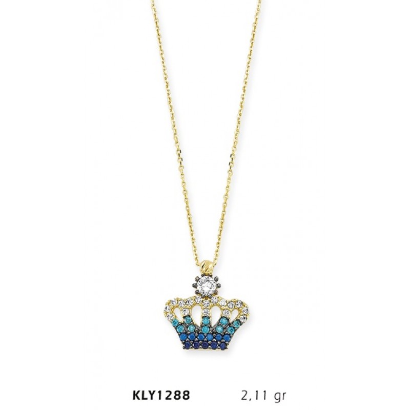 14 Ayar Altın Mavi Kral Tacı Kolye KLY1288