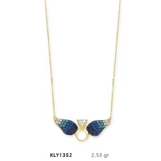 14 Ayar Altın Mavi Melek Kanadı Tektaş Yüzük Kolye KLY1352