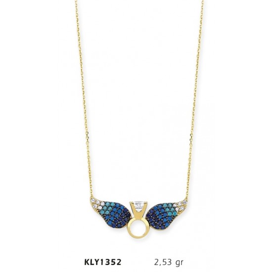 14 Ayar Altın Mavi Melek Kanadı Tektaş Yüzük Kolye KLY1352