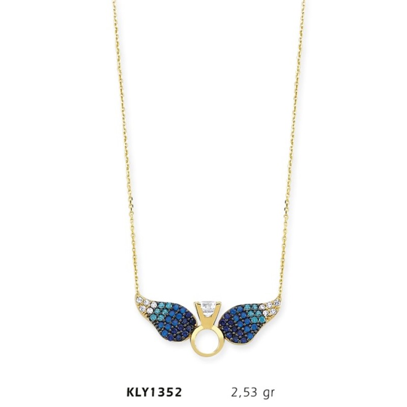 14 Ayar Altın Mavi Melek Kanadı Tektaş Yüzük Kolye KLY1352 14 Ayar Altın Mavi Melek Kanadı Tektaş Yüzük Kolye KLY1352