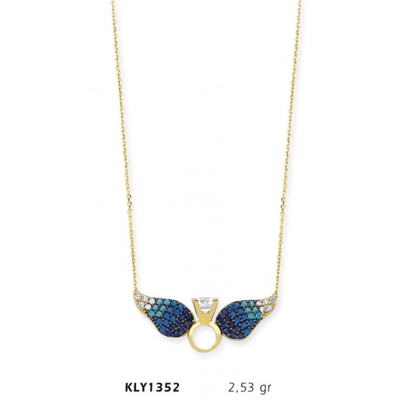 14 Ayar Altın Mavi Melek Kanadı Tektaş Yüzük Kolye KLY1352 14 Ayar Altın Mavi Melek Kanadı Tektaş Yüzük Kolye KLY1352