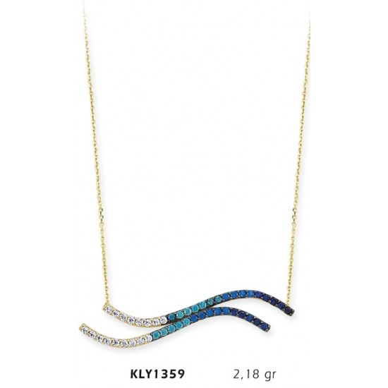 14 Ayar Altın Mavi Çift Dalga Kolye KLY1359