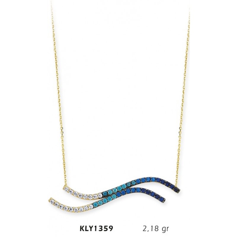 14 Ayar Altın Mavi Çift Dalga Kolye KLY1359