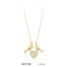 14 Ayar Kuş Motifli Kalpli Kolye KLY1705