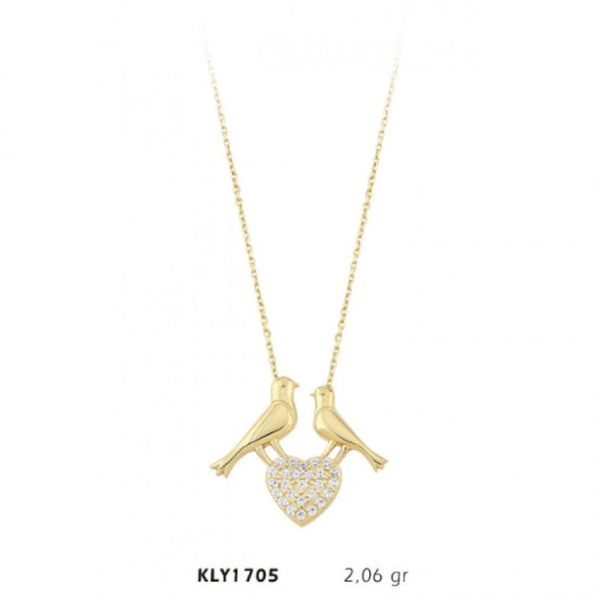 14 Ayar Kuş Motifli Kalpli Kolye KLY1705
