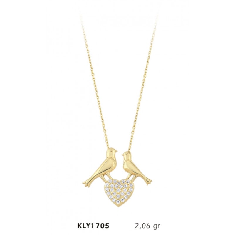 14 Ayar Kuş Motifli Kalpli Kolye KLY1705 14 Ayar Kuş Motifli Kalpli Kolye KLY1705