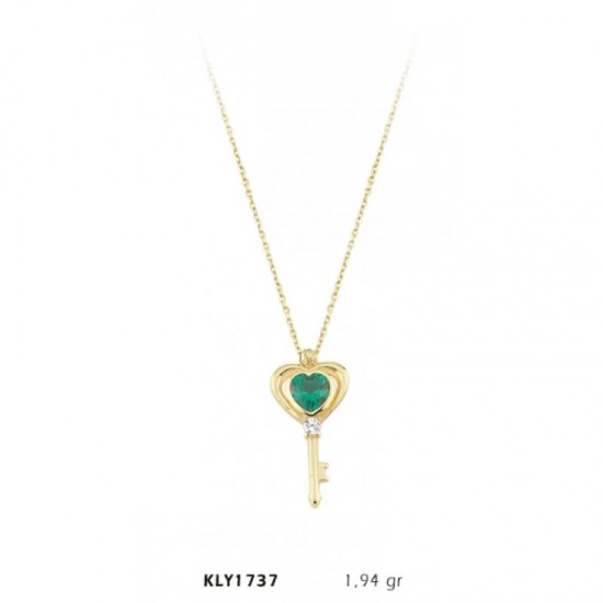 14 Ayar Yeşil Taşlı Kalpli Anahtar Kolye KLY1737