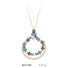 14 Ayar Renkli Taşlı Çift Sıra Halka Altın Kolye KLY1753