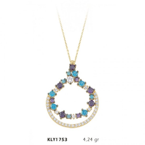 14 Ayar Renkli Taşlı Çift Sıra Halka Altın Kolye KLY1753