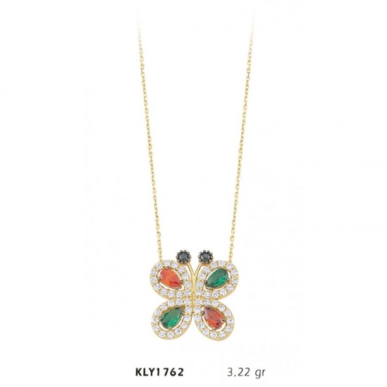 14 Ayar Renkli Kanatlı Kelebek Kolye KLY1762