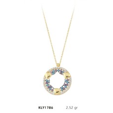 14 Ayar Altın Mavi Mor Taşlı Kolye KLY1786