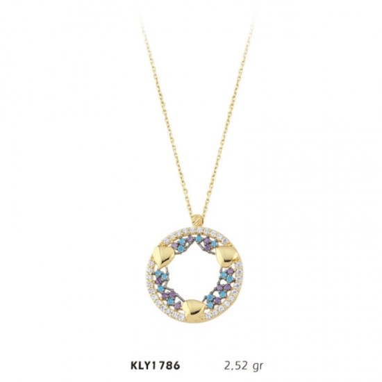 14 Ayar Altın Mavi Mor Taşlı Kolye KLY1786