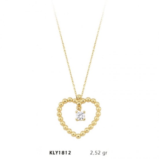 14 Ayar Altın Kalp Motifli Tektaş Kolye KLY1812