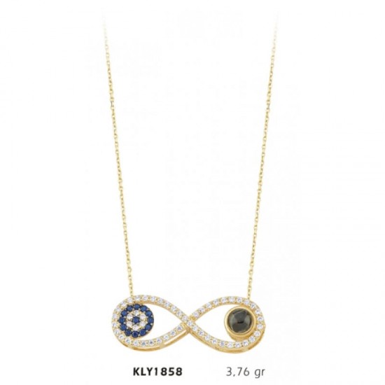 14 Ayar Altın Nazar Boncuklu ve 100 Dilde Seni Seviyorum Taşlı Sonsuzluk Kolye KLY1858