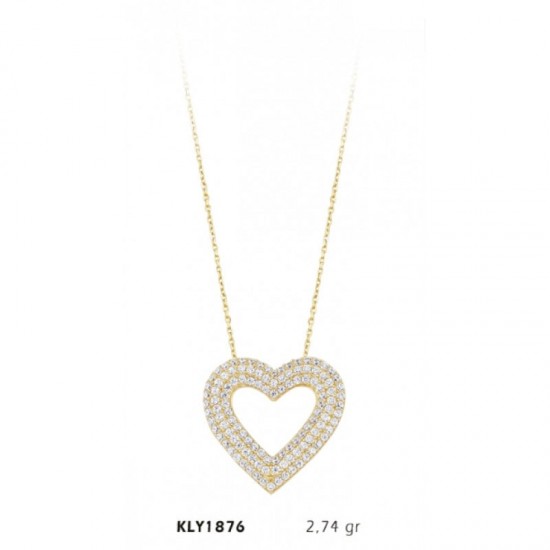 14 Ayar Altın Üç Sıra Taşlı Kalp Kolye KLY1876