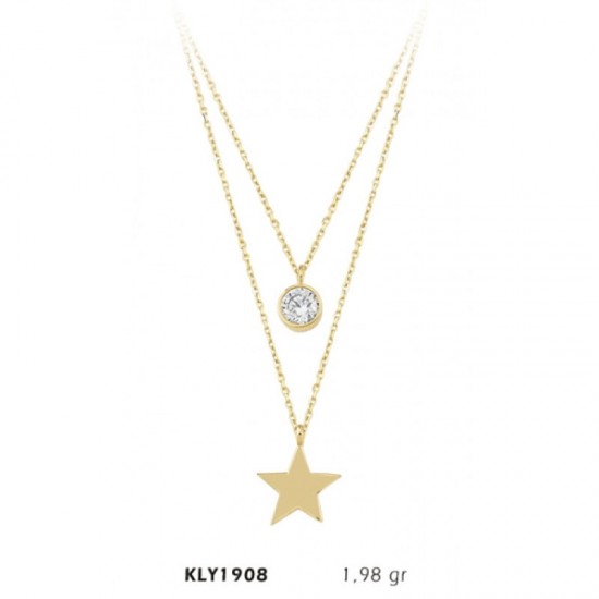 14 Ayar Altın Çift Zincir Taşlı Yıldız Kolye KLY1908