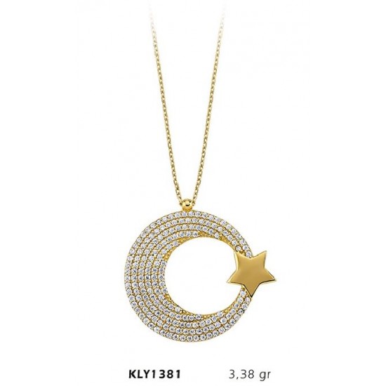 14 Ayar Altın Taşlı Ay Yıldız Kolye KLY1381