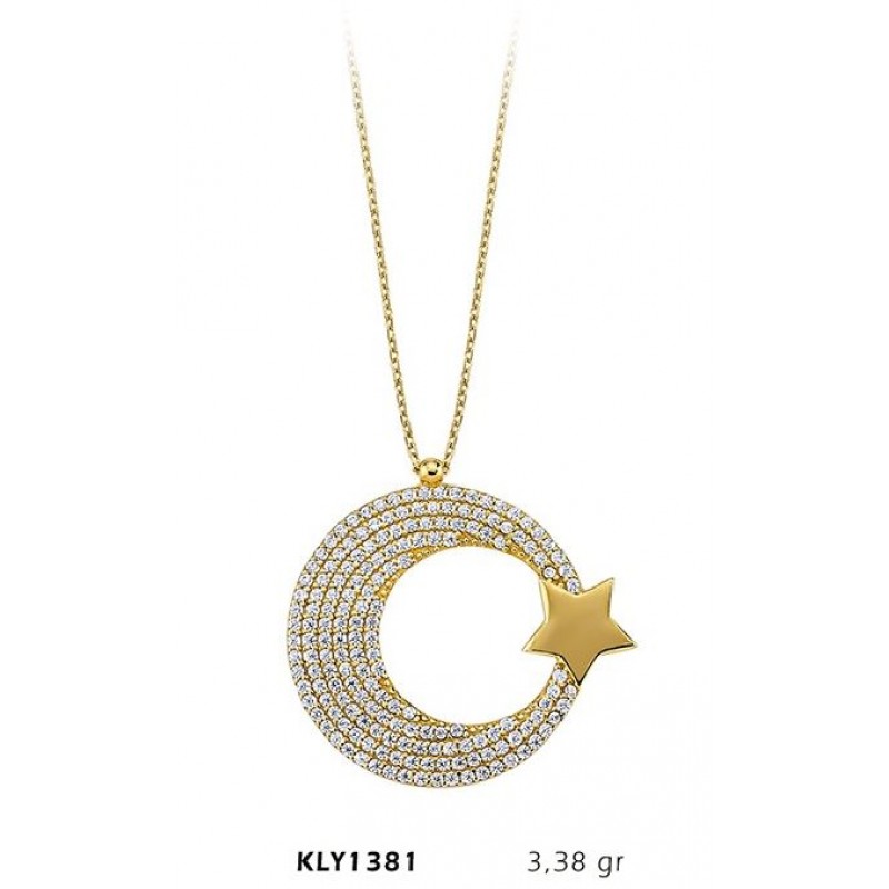 14 Ayar Altın Taşlı Ay Yıldız Kolye KLY1381