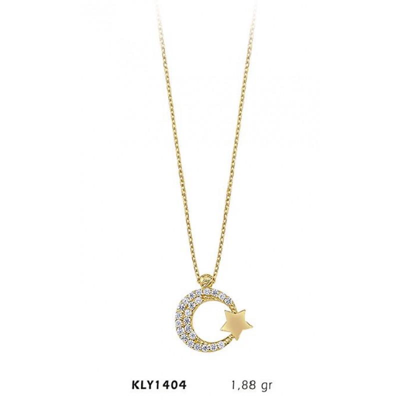 14 Ayar Altın Taşlı Ay Yıldız Kolye KLY1404