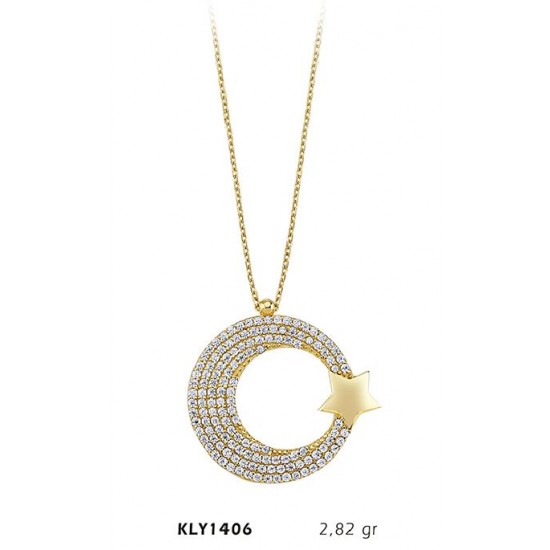 14 Ayar Altın Taşlı Ay Yıldız Kolye KLY1406