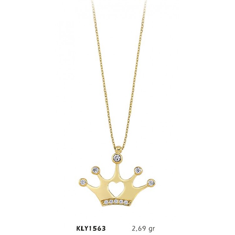 14 Ayar Altın Kalpli Taç Kolye KLY1563